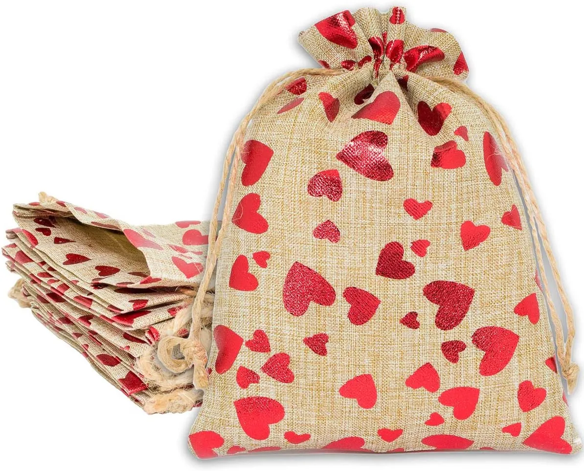 12-Pack 12x16 Reusable Jute Burlap Canvas Gift Bags w. Drawstrings (Red Hearts, X-Large) - for Presents, Party Favors, Retail, Samples by TheDisplayGuys