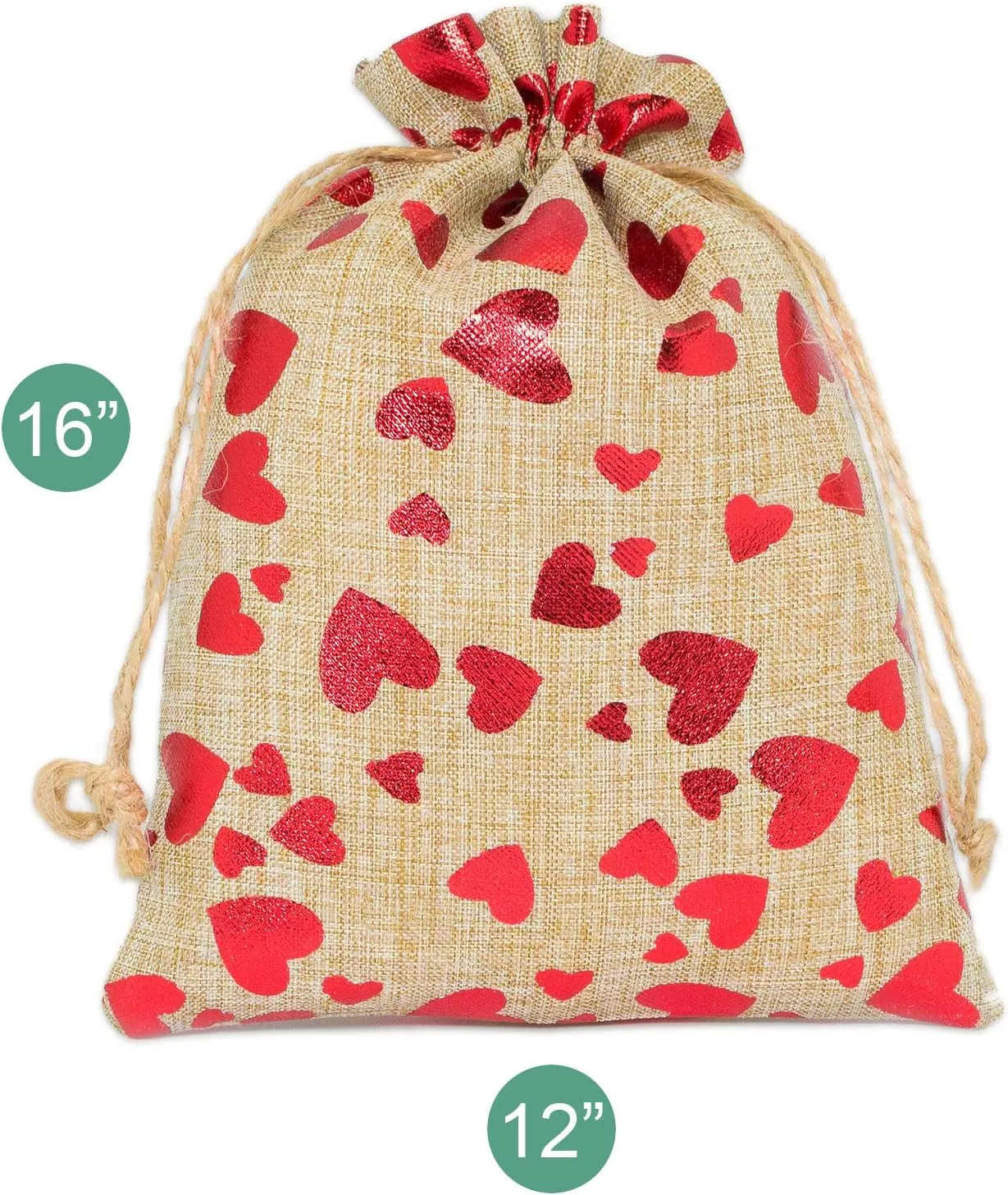 12-Pack 12x16 Reusable Jute Burlap Canvas Gift Bags w. Drawstrings (Red Hearts, X-Large) - for Presents, Party Favors, Retail, Samples by TheDisplayGuys