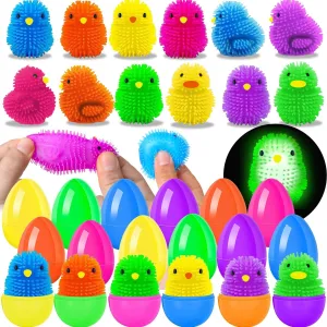 12 Pack Filled Easter Eggs for Kids with Toys LED Puffer Balls Chicks, Light Up Stress Relief Toys Kids Easter Basket Stuffers for Boys Girls, Non Candy Easter Gifts for Kids Party Favors