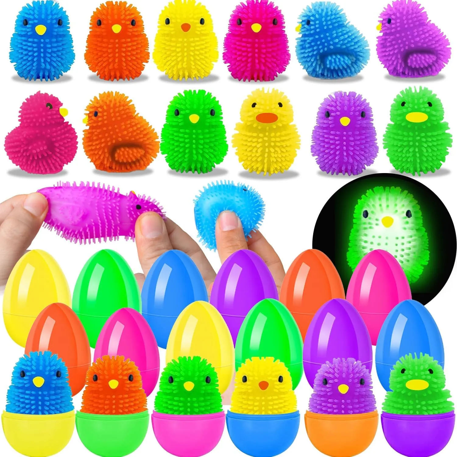 12 Pack Filled Easter Eggs for Kids with Toys LED Puffer Balls Chicks, Light Up Stress Relief Toys Kids Easter Basket Stuffers for Boys Girls, Non Candy Easter Gifts for Kids Party Favors