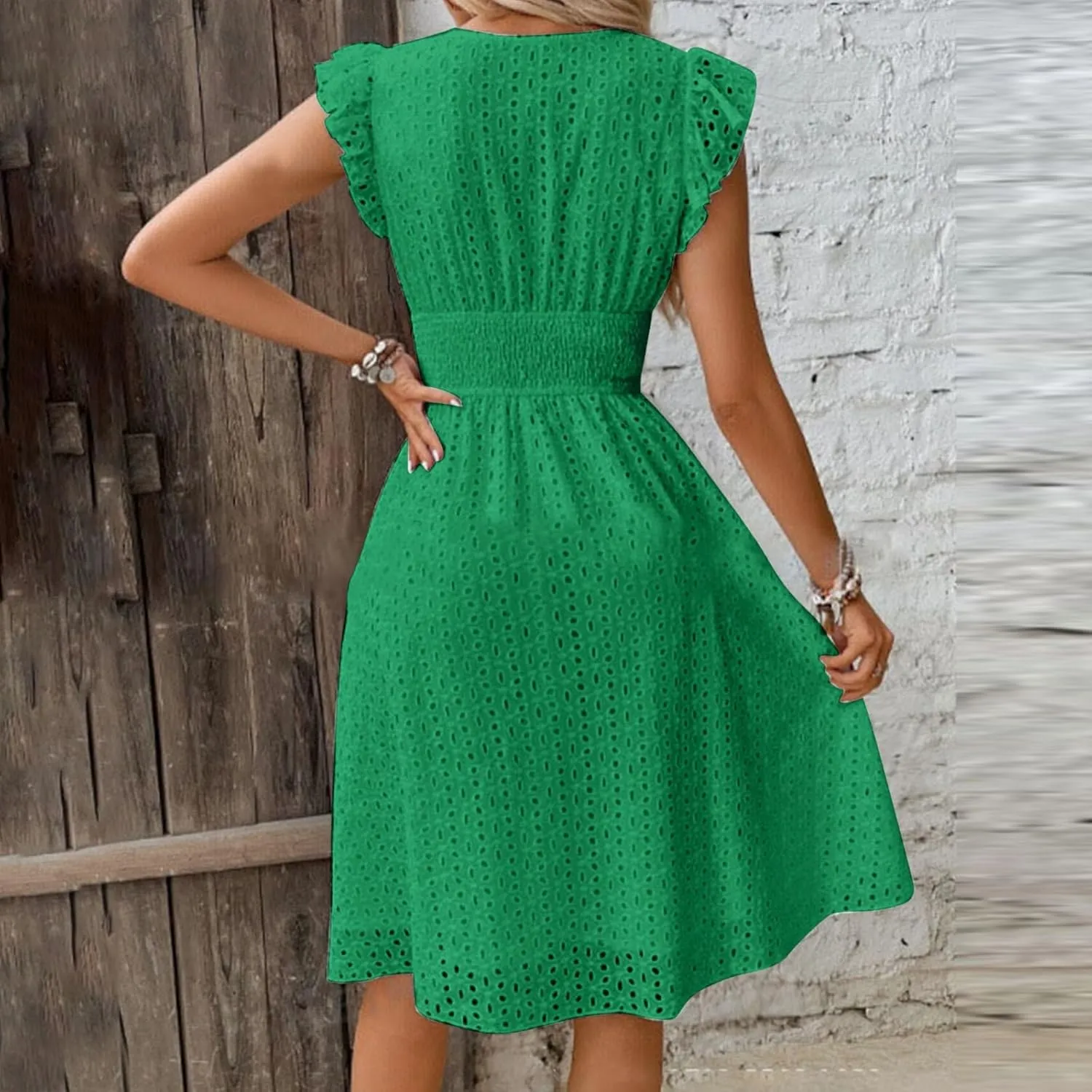 2025 Summer Dresses Women's Eyelet Lace Embroidered Smocked Waist Flutter Sleeve A Line Midi Dress Beach Sundress