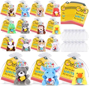 24 Set Mini Welcome Back to School Stuffed Animals Bulk Tiny First Day of School Plush Animals Small Doll Keychain with Cards Organza Bags for Party Favors Exchange Gift