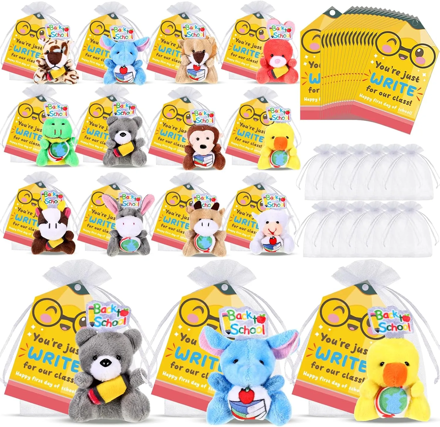 24 Set Mini Welcome Back to School Stuffed Animals Bulk Tiny First Day of School Plush Animals Small Doll Keychain with Cards Organza Bags for Party Favors Exchange Gift