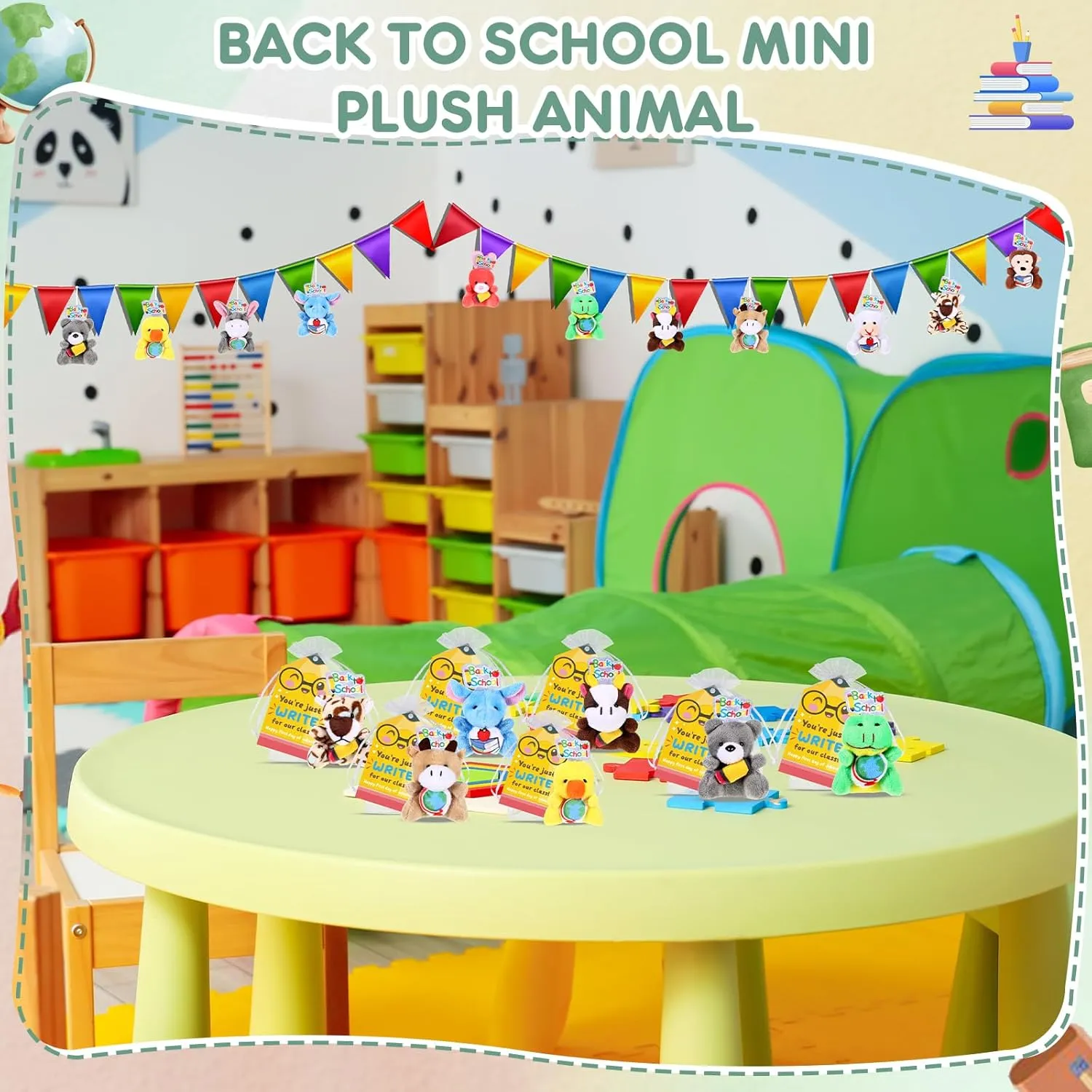 24 Set Mini Welcome Back to School Stuffed Animals Bulk Tiny First Day of School Plush Animals Small Doll Keychain with Cards Organza Bags for Party Favors Exchange Gift