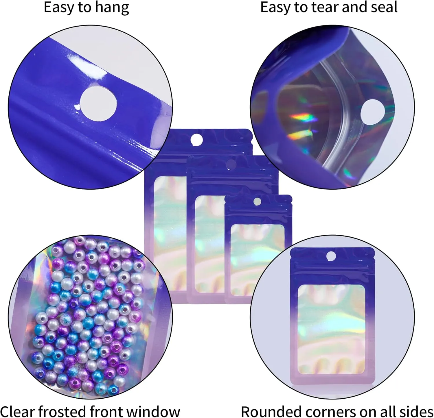 300 Pack 3 Sizes Resealable Mylar Holographic Bags Food Storage Smell Proof Bags with Front Window Packaging Pouch for Cookies Sample Jewelry (Purple to Blue, 3" x 4.7",4" x 6",4.7" x 7.9")