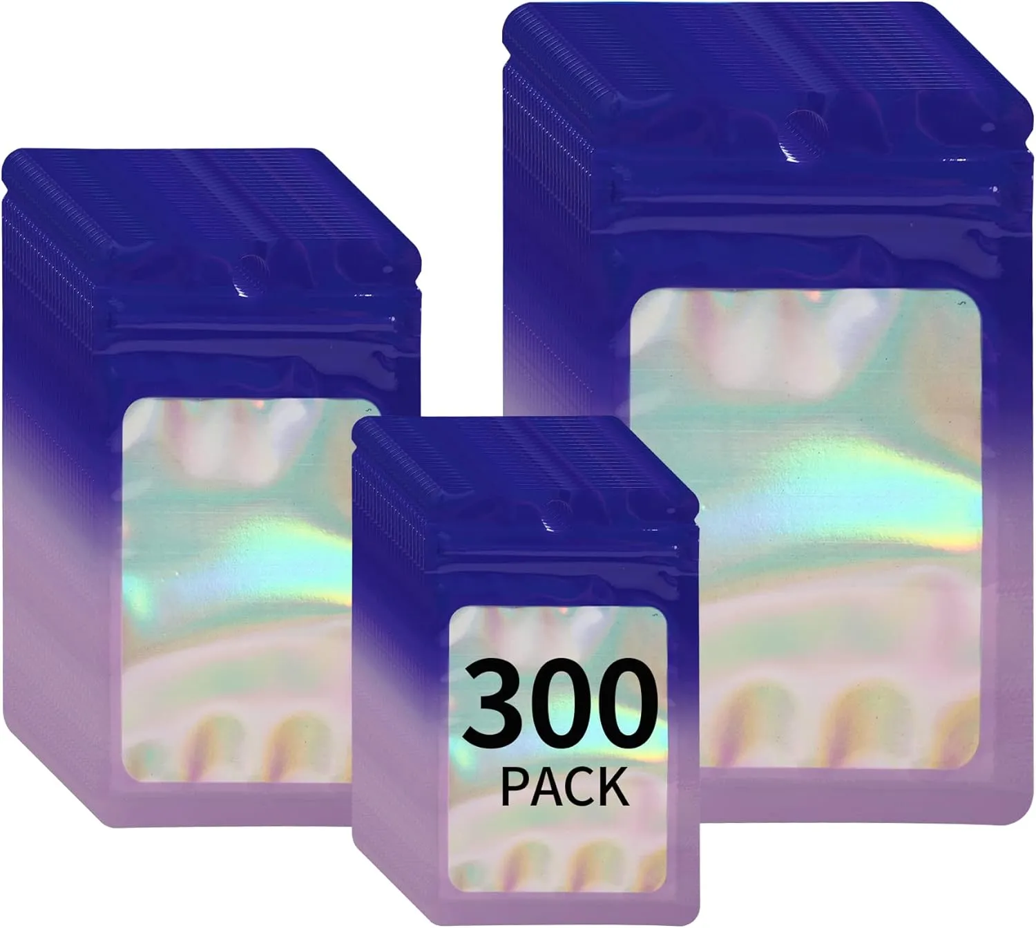 300 Pack 3 Sizes Resealable Mylar Holographic Bags Food Storage Smell Proof Bags with Front Window Packaging Pouch for Cookies Sample Jewelry (Purple to Blue, 3" x 4.7",4" x 6",4.7" x 7.9")