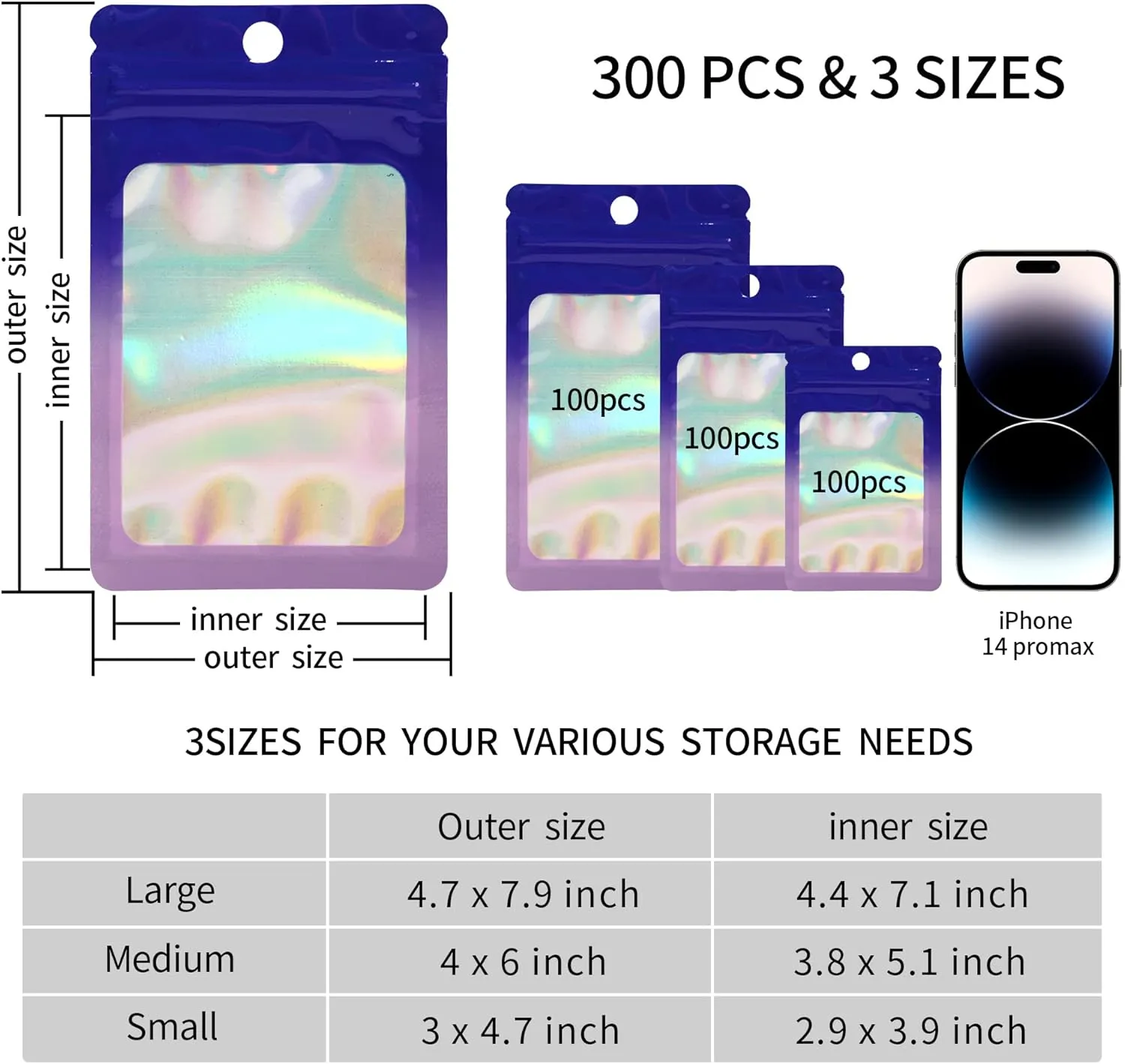 300 Pack 3 Sizes Resealable Mylar Holographic Bags Food Storage Smell Proof Bags with Front Window Packaging Pouch for Cookies Sample Jewelry (Purple to Blue, 3" x 4.7",4" x 6",4.7" x 7.9")