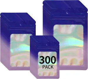 300 Pack 3 Sizes Resealable Mylar Holographic Bags Food Storage Smell Proof Bags with Front Window Packaging Pouch for Cookies Sample Jewelry (Purple to Blue, 3" x 4.7",4" x 6",4.7" x 7.9")