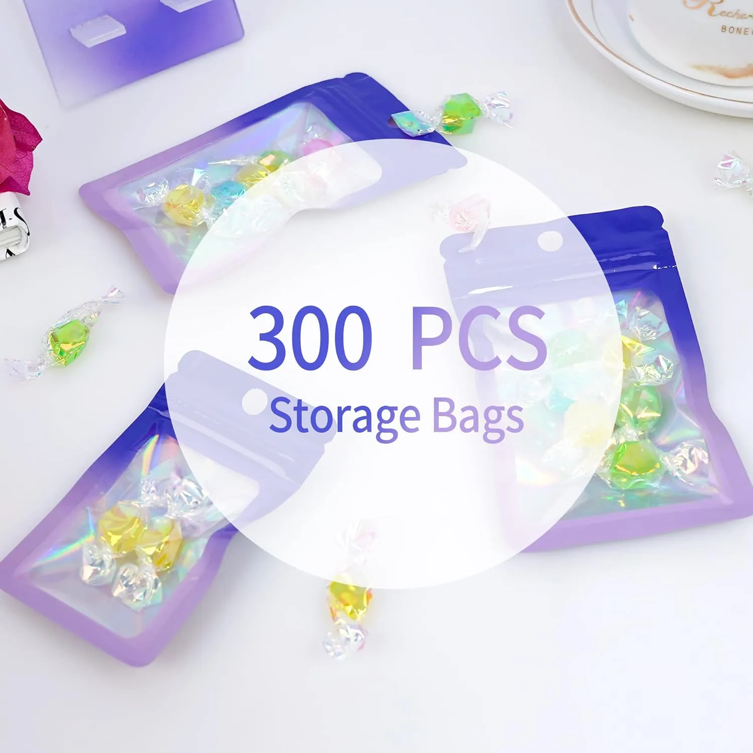 300 Pack 3 Sizes Resealable Mylar Holographic Bags Food Storage Smell Proof Bags with Front Window Packaging Pouch for Cookies Sample Jewelry (Purple to Blue, 3" x 4.7",4" x 6",4.7" x 7.9")