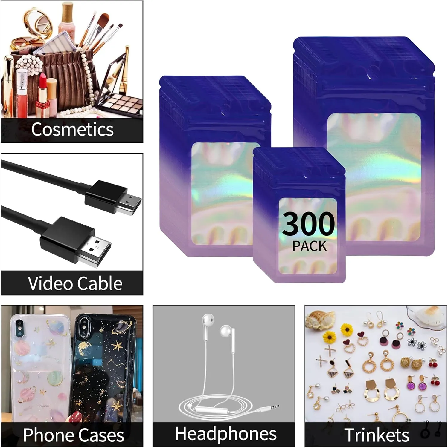 300 Pack 3 Sizes Resealable Mylar Holographic Bags Food Storage Smell Proof Bags with Front Window Packaging Pouch for Cookies Sample Jewelry (Purple to Blue, 3" x 4.7",4" x 6",4.7" x 7.9")