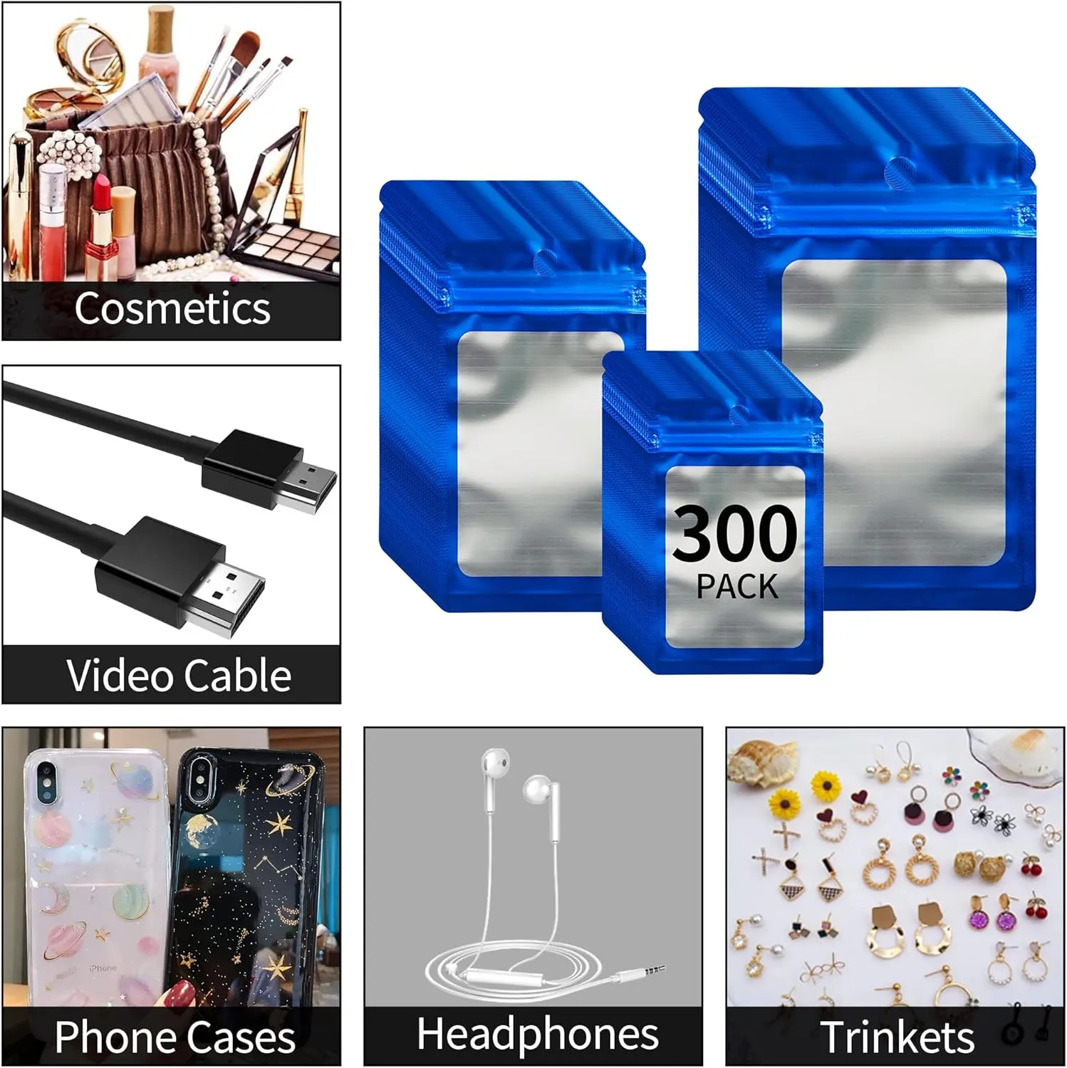 300 Pack 3 Sizes Resealable Mylar Holographic Bags Food Storage Smell Proof Bags with Front Window Packaging Pouch for Cookies Sample Jewelry Snack (Blue,3 x 4.7 inch,4 x 6 in,4.7 x 7.9 in)