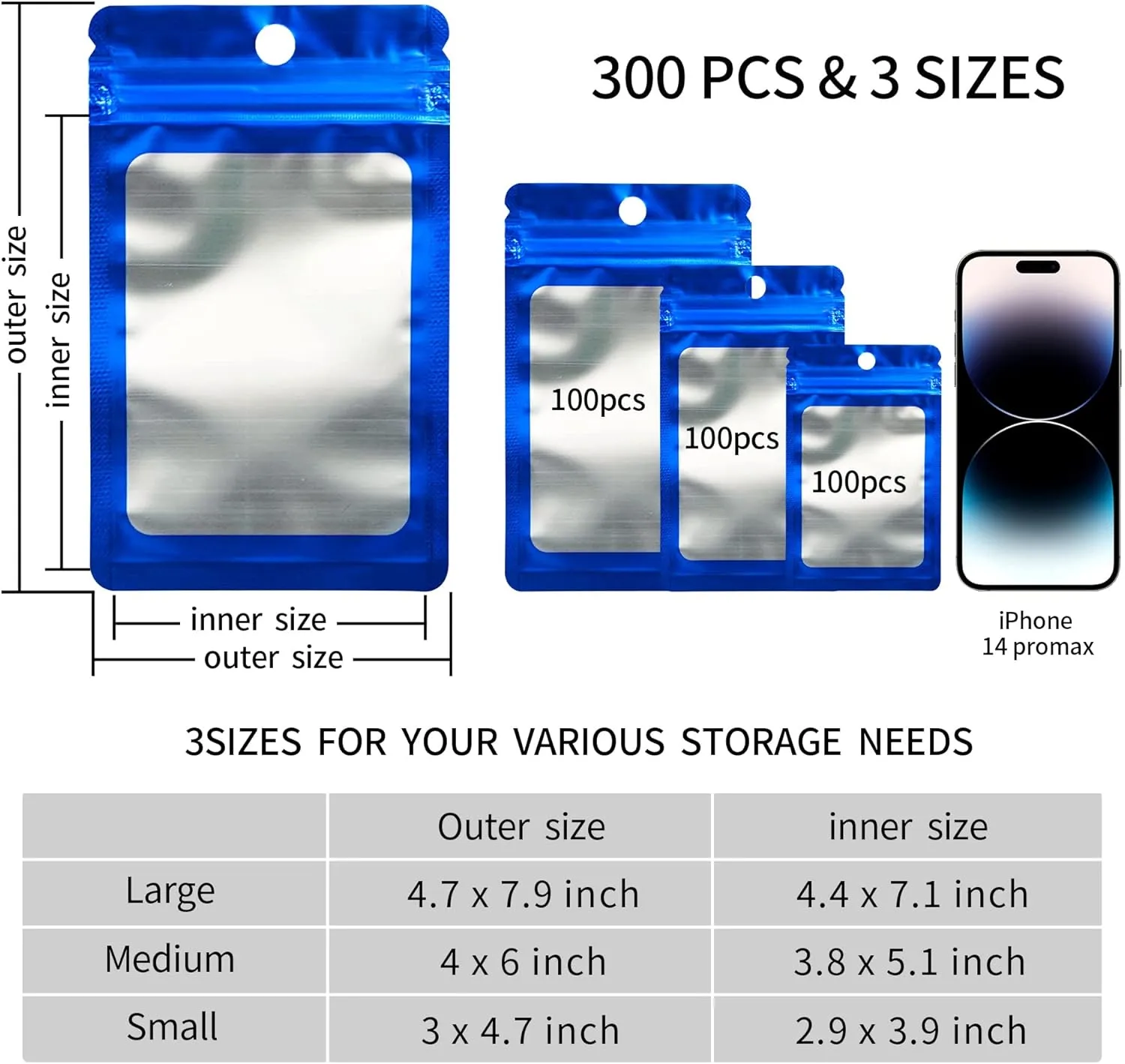 300 Pack 3 Sizes Resealable Mylar Holographic Bags Food Storage Smell Proof Bags with Front Window Packaging Pouch for Cookies Sample Jewelry Snack (Blue,3 x 4.7 inch,4 x 6 in,4.7 x 7.9 in)