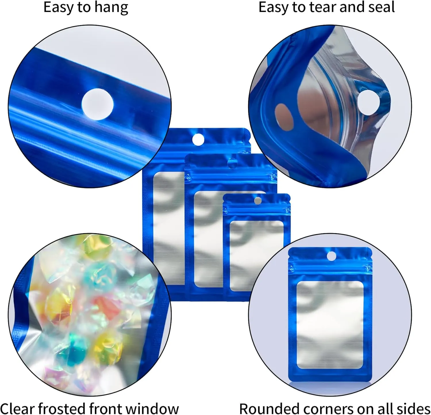 300 Pack 3 Sizes Resealable Mylar Holographic Bags Food Storage Smell Proof Bags with Front Window Packaging Pouch for Cookies Sample Jewelry Snack (Blue,3 x 4.7 inch,4 x 6 in,4.7 x 7.9 in)