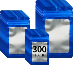 300 Pack 3 Sizes Resealable Mylar Holographic Bags Food Storage Smell Proof Bags with Front Window Packaging Pouch for Cookies Sample Jewelry Snack (Blue,3 x 4.7 inch,4 x 6 in,4.7 x 7.9 in)