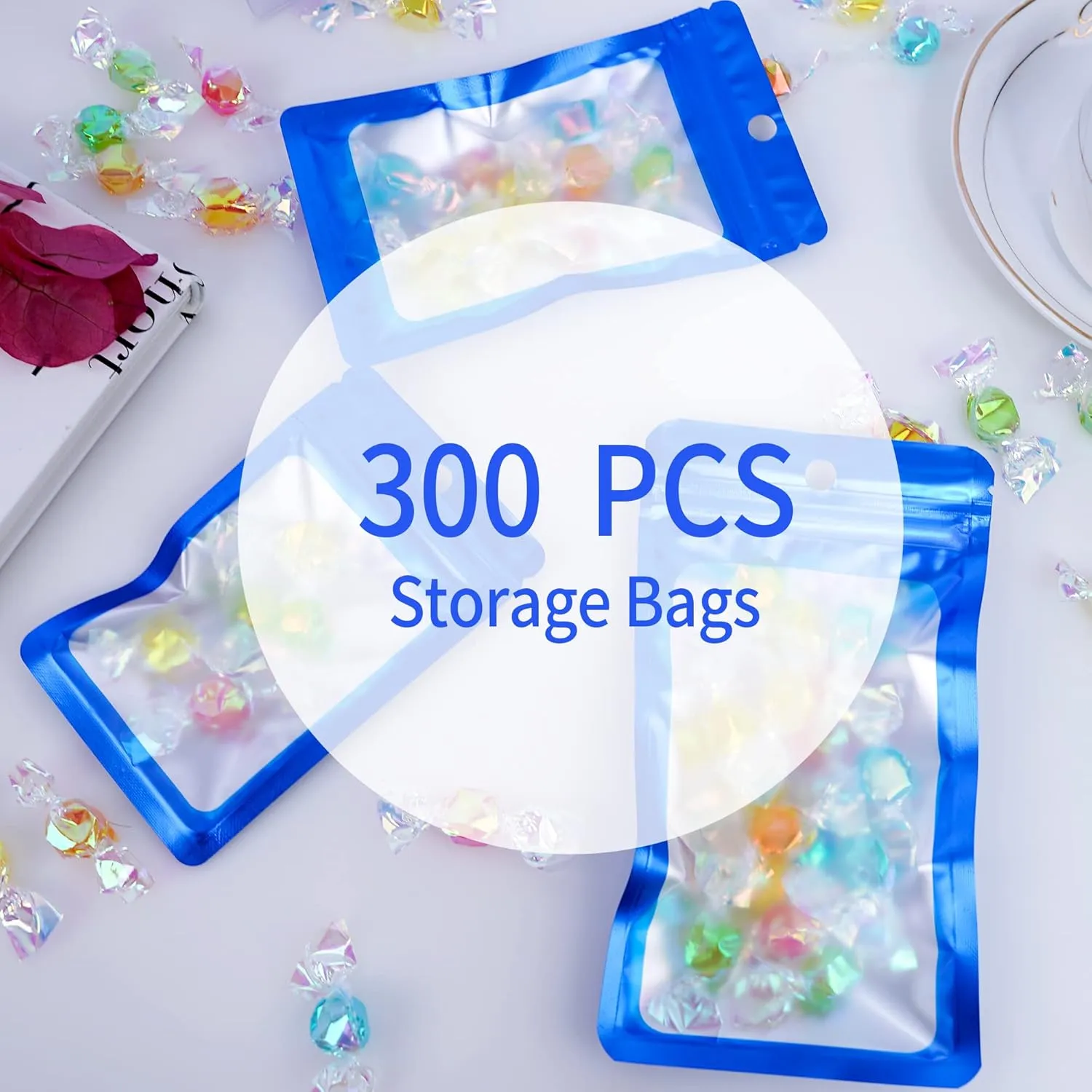 300 Pack 3 Sizes Resealable Mylar Holographic Bags Food Storage Smell Proof Bags with Front Window Packaging Pouch for Cookies Sample Jewelry Snack (Blue,3 x 4.7 inch,4 x 6 in,4.7 x 7.9 in)