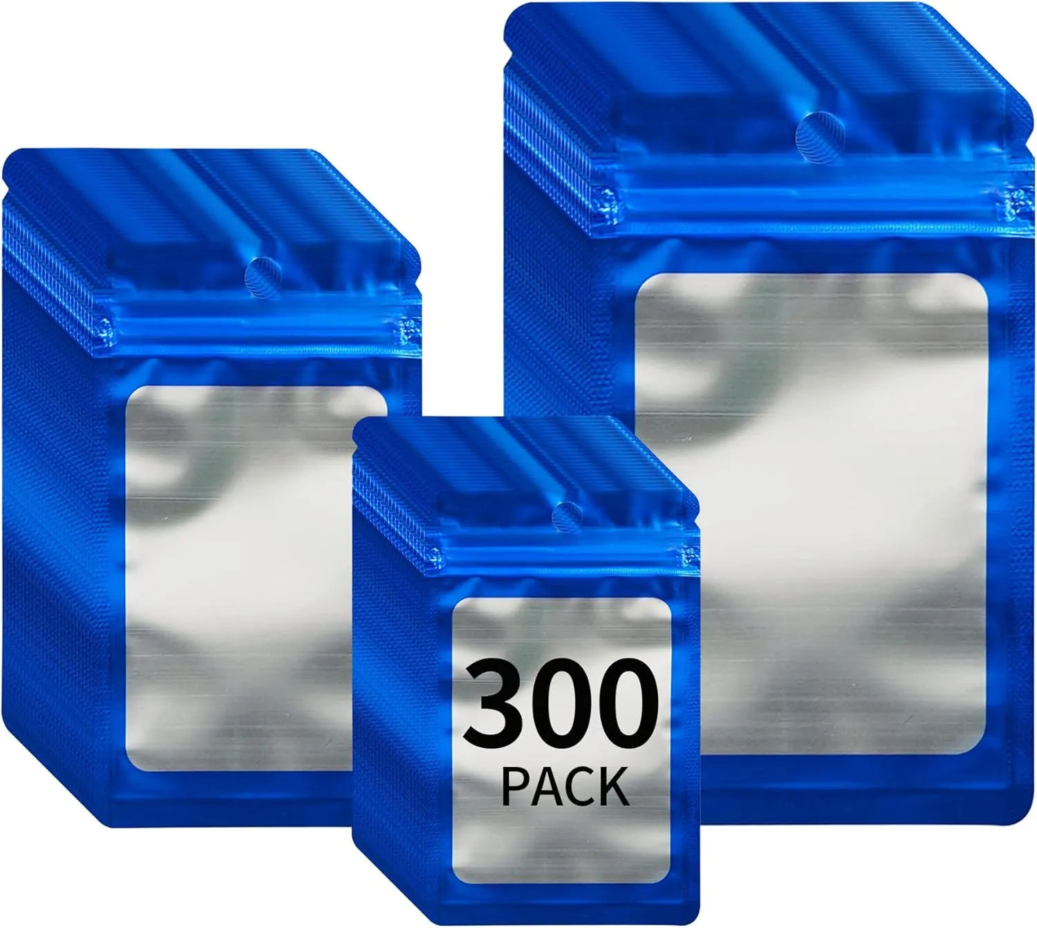 300 Pack 3 Sizes Resealable Mylar Holographic Bags Food Storage Smell Proof Bags with Front Window Packaging Pouch for Cookies Sample Jewelry Snack (Blue,3 x 4.7 inch,4 x 6 in,4.7 x 7.9 in)