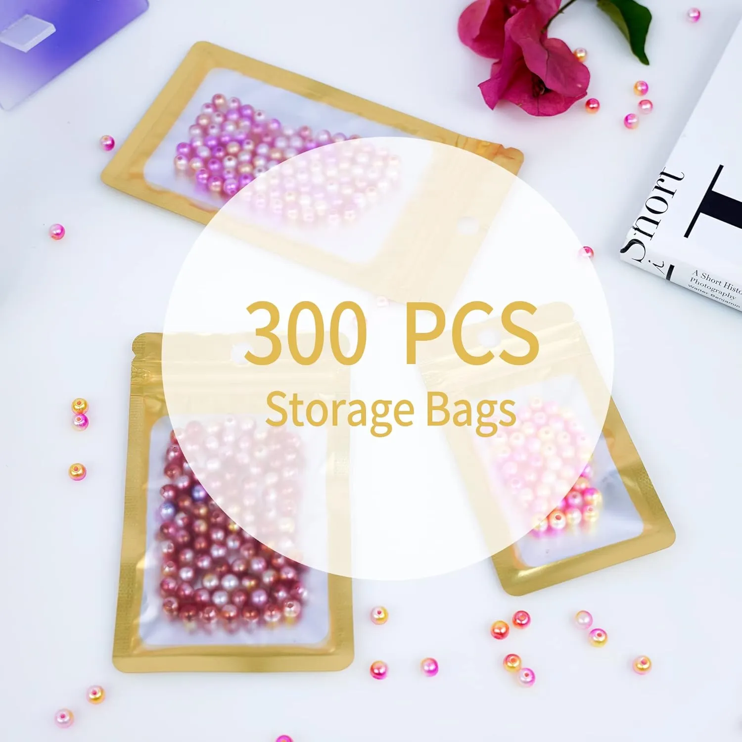 300 Pack 3 Sizes Resealable Mylar Holographic Bags Food Storage Smell Proof Bags with Front Window Packaging Pouch for Cookies Sample Jewelry Snack (Gold, 3 x 4.7 inch,4 x 6 in,4.7 x 7.9 in)