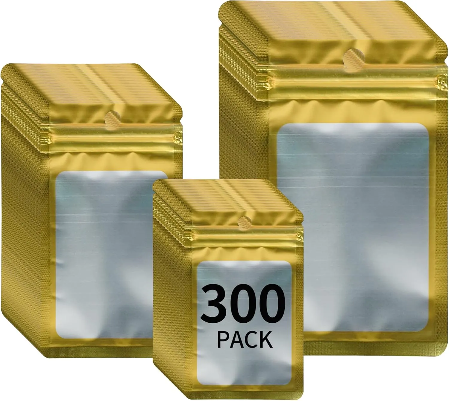300 Pack 3 Sizes Resealable Mylar Holographic Bags Food Storage Smell Proof Bags with Front Window Packaging Pouch for Cookies Sample Jewelry Snack (Gold, 3 x 4.7 inch,4 x 6 in,4.7 x 7.9 in)