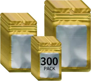 300 Pack 3 Sizes Resealable Mylar Holographic Bags Food Storage Smell Proof Bags with Front Window Packaging Pouch for Cookies Sample Jewelry Snack (Gold, 3 x 4.7 inch,4 x 6 in,4.7 x 7.9 in)