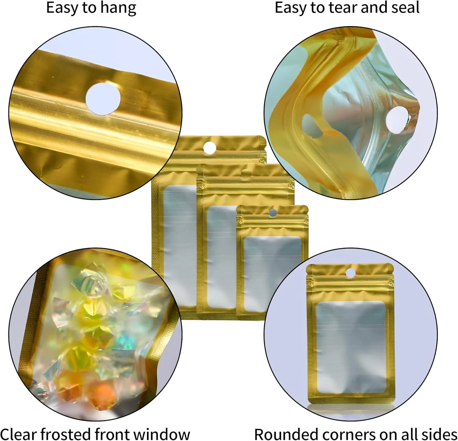 300 Pack 3 Sizes Resealable Mylar Holographic Bags Food Storage Smell Proof Bags with Front Window Packaging Pouch for Cookies Sample Jewelry Snack (Gold, 3 x 4.7 inch,4 x 6 in,4.7 x 7.9 in)