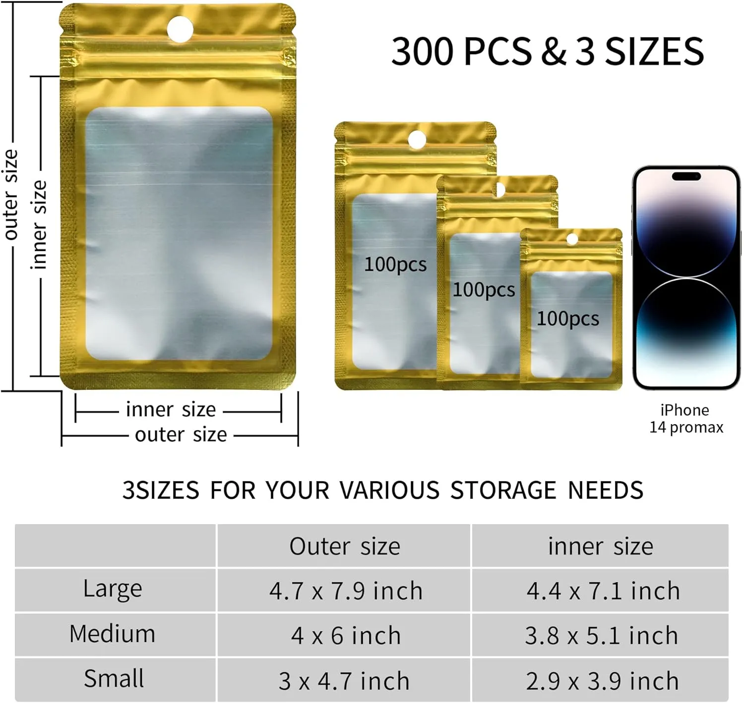300 Pack 3 Sizes Resealable Mylar Holographic Bags Food Storage Smell Proof Bags with Front Window Packaging Pouch for Cookies Sample Jewelry Snack (Gold, 3 x 4.7 inch,4 x 6 in,4.7 x 7.9 in)