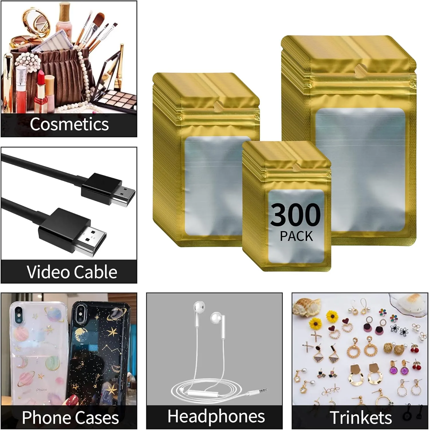 300 Pack 3 Sizes Resealable Mylar Holographic Bags Food Storage Smell Proof Bags with Front Window Packaging Pouch for Cookies Sample Jewelry Snack (Gold, 3 x 4.7 inch,4 x 6 in,4.7 x 7.9 in)