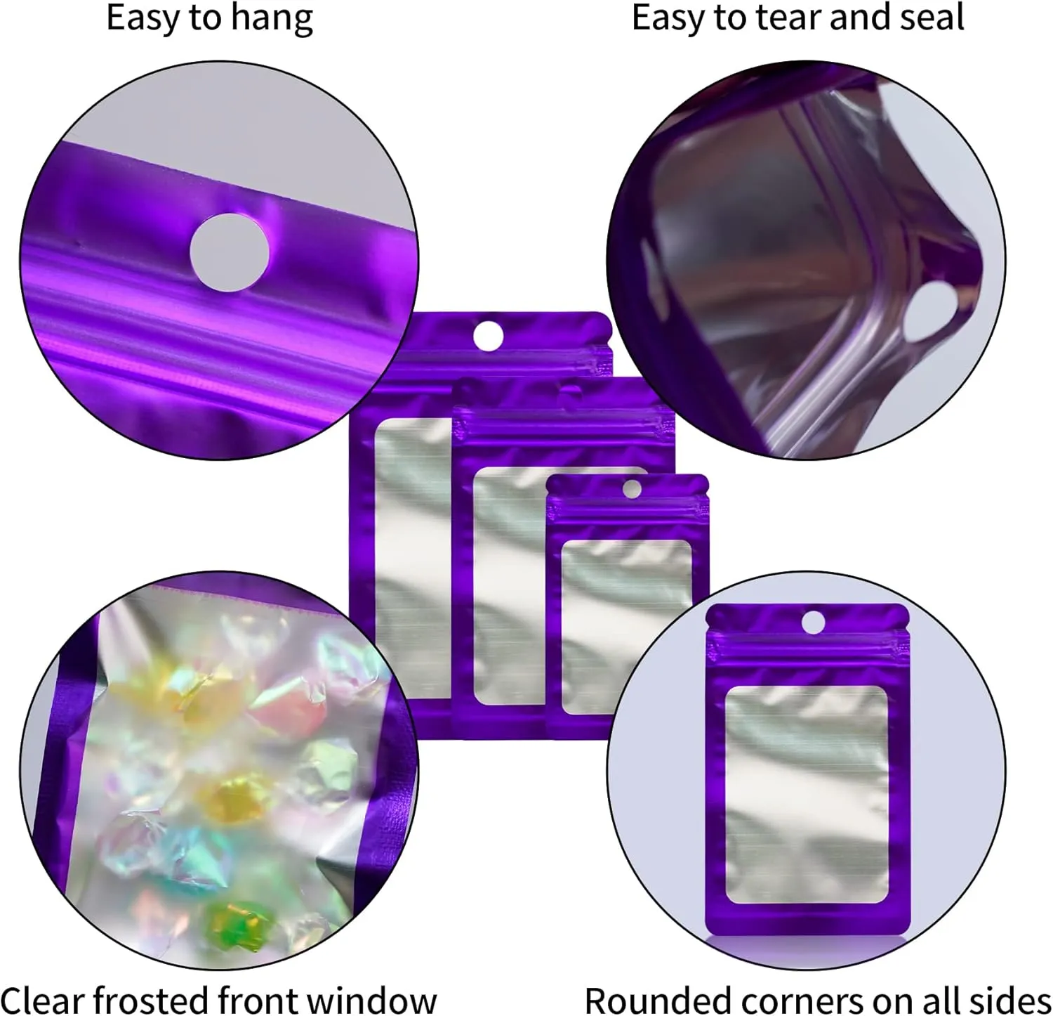 300 Pack 3 Sizes Resealable Mylar Holographic Bags Food Storage Smell Proof Bags with Front Window Packaging Pouch for Cookies Sample Jewelry Snack (Purple, 3 x 4.7 in,4 x 6 in,4.7 x 7.9 in)