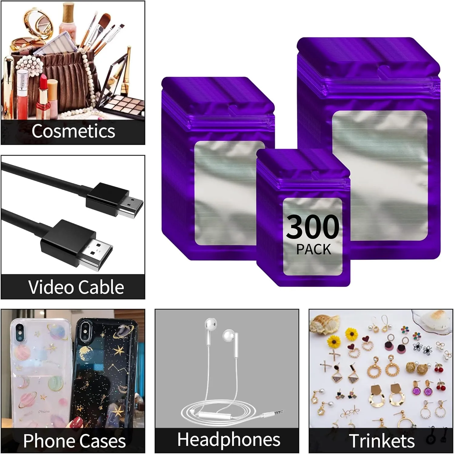 300 Pack 3 Sizes Resealable Mylar Holographic Bags Food Storage Smell Proof Bags with Front Window Packaging Pouch for Cookies Sample Jewelry Snack (Purple, 3 x 4.7 in,4 x 6 in,4.7 x 7.9 in)