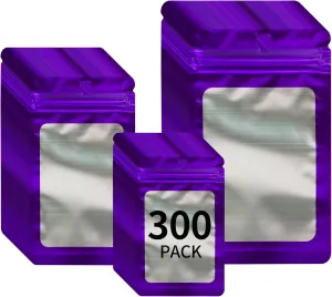 300 Pack 3 Sizes Resealable Mylar Holographic Bags Food Storage Smell Proof Bags with Front Window Packaging Pouch for Cookies Sample Jewelry Snack (Purple, 3 x 4.7 in,4 x 6 in,4.7 x 7.9 in)