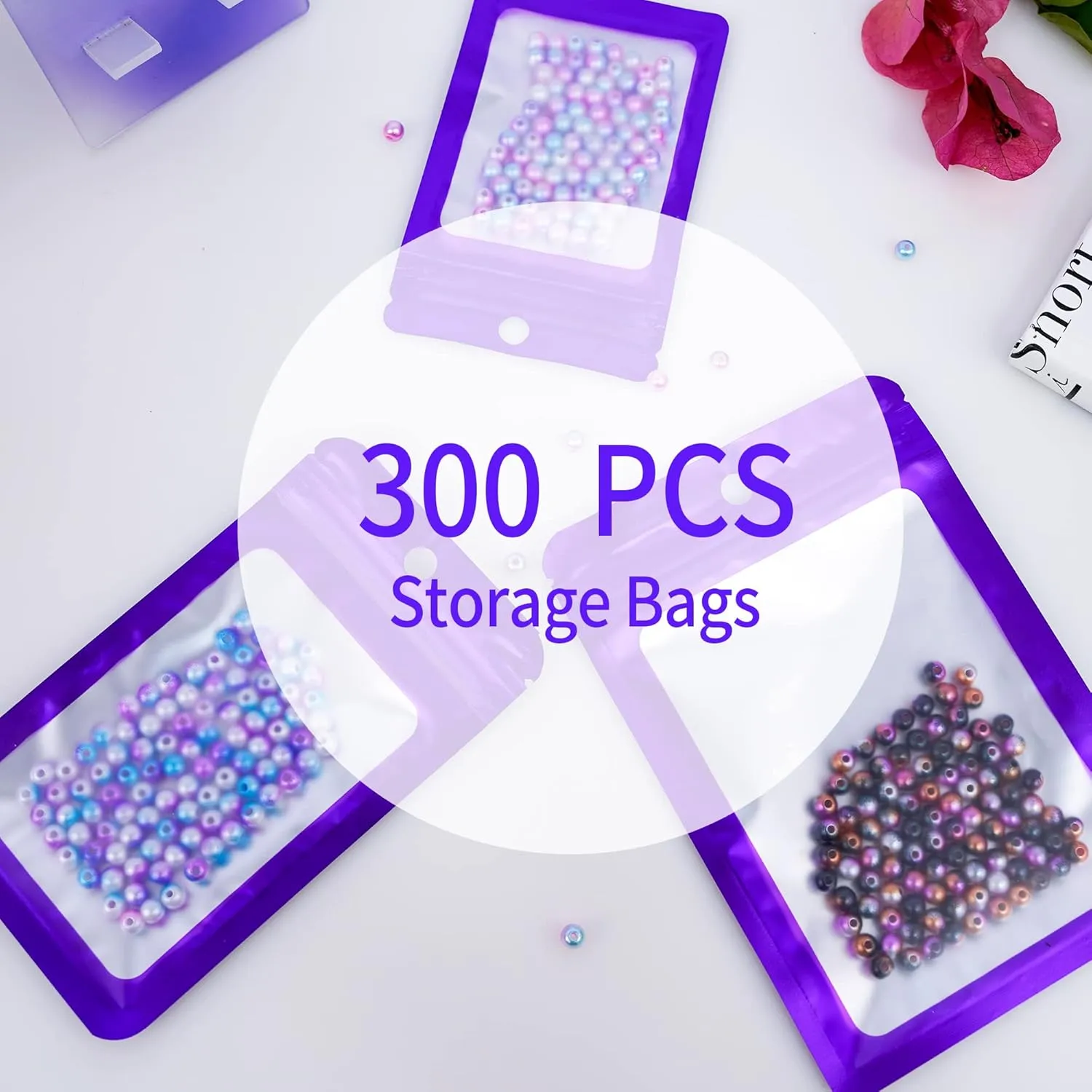 300 Pack 3 Sizes Resealable Mylar Holographic Bags Food Storage Smell Proof Bags with Front Window Packaging Pouch for Cookies Sample Jewelry Snack (Purple, 3 x 4.7 in,4 x 6 in,4.7 x 7.9 in)