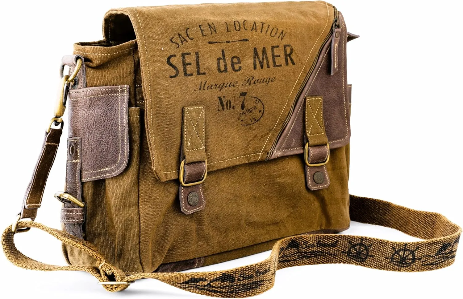 3B-Vintage Print Sel De Mer Upcycled Military Leather Canvas Shoulder Bag Laptop Messenger Bags Medium Crossbody 2 Straps
