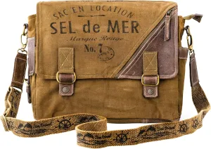 3B-Vintage Print Sel De Mer Upcycled Military Leather Canvas Shoulder Bag Laptop Messenger Bags Medium Crossbody 2 Straps