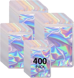 400 Pack 4 Sizes Resealable Mylar Holographic Bags Food Storage Smell Proof Bags with Front Window Foil Packaging Pouch for Sample Jewelry Small Business (Holographic,3x4.7,3.1x5.5,4x 6,4.7x 7.9in)