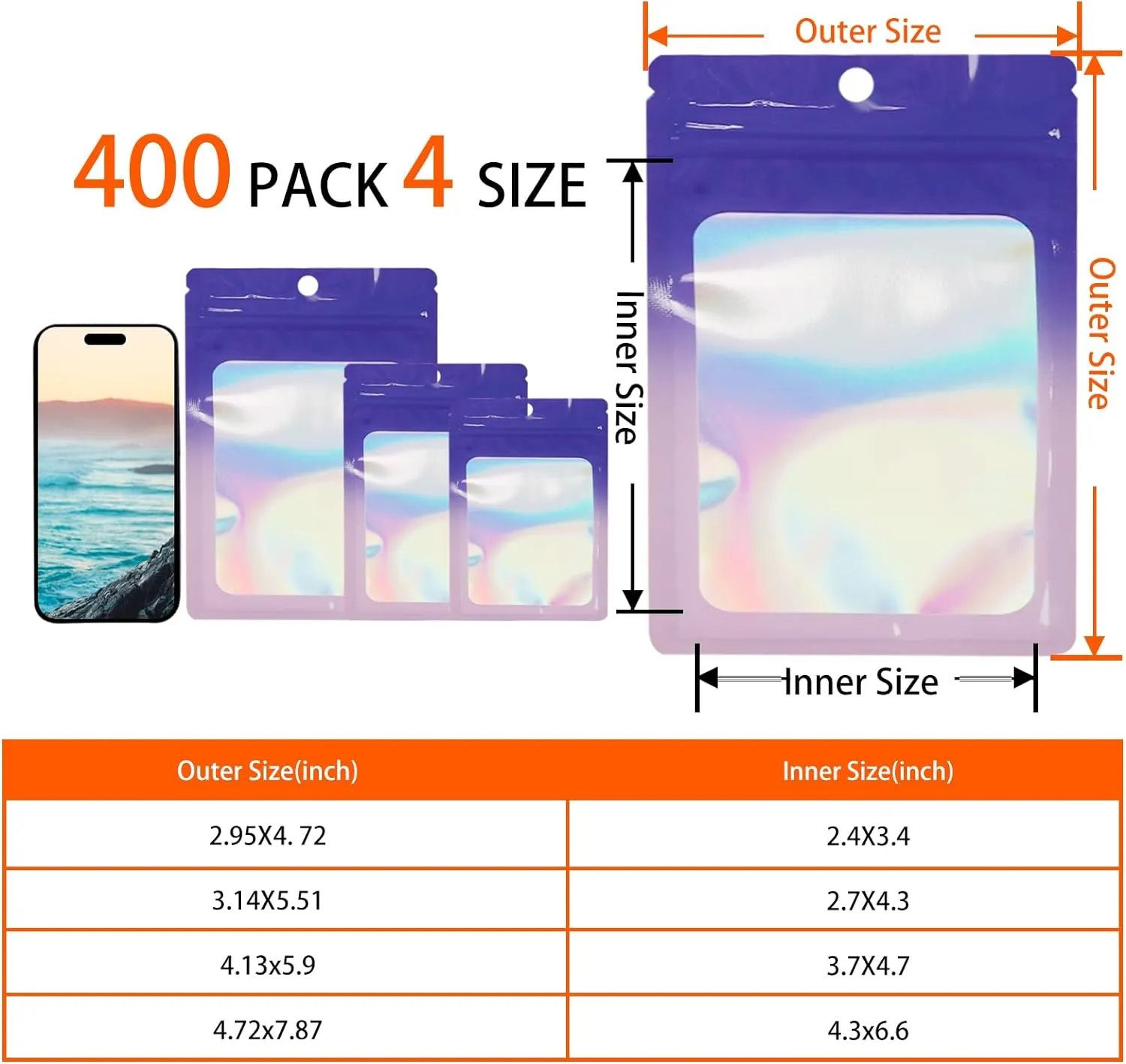 400 Pack 4 Sizes Resealable Mylar Holographic Bags Food Storage Smell Proof Bags with Front Window, Zipper Foil Packaging Pouch for Sample Jewelry Small Business (Gold,3x4.7,3.1x5.5,4x 6,4.7x 7.9in)