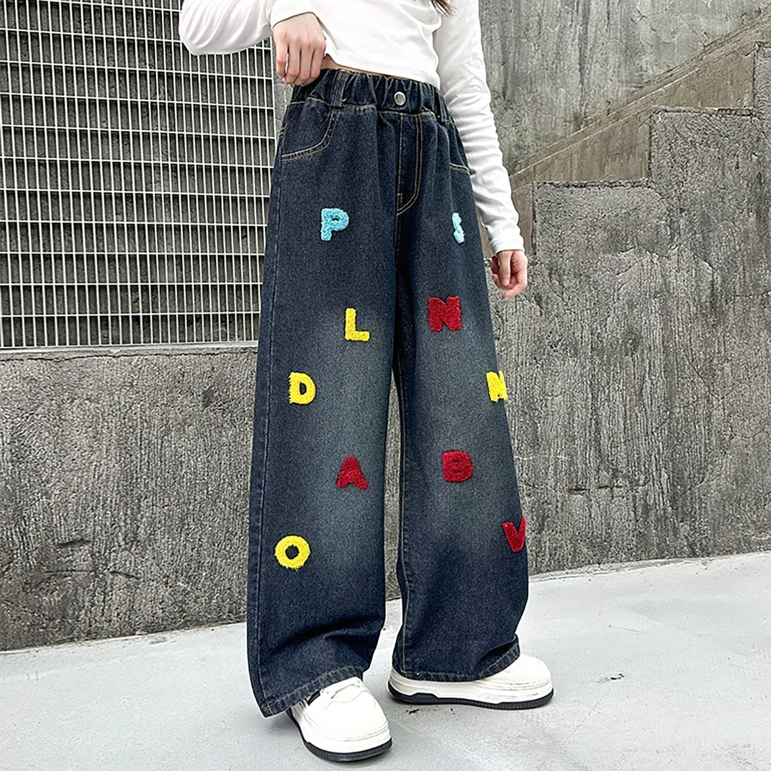 5-14 yrs Kids Girls Jeans Distressed Elastic Waist Baggy Denim Wide Leg Pants Trousers
