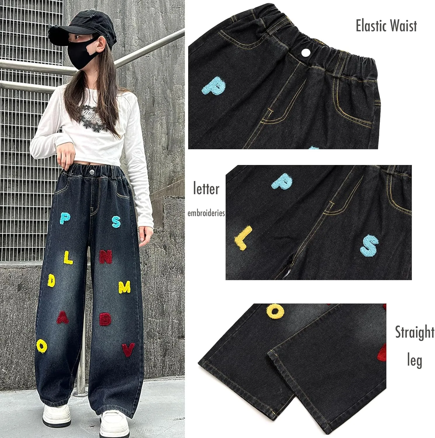 5-14 yrs Kids Girls Jeans Distressed Elastic Waist Baggy Denim Wide Leg Pants Trousers