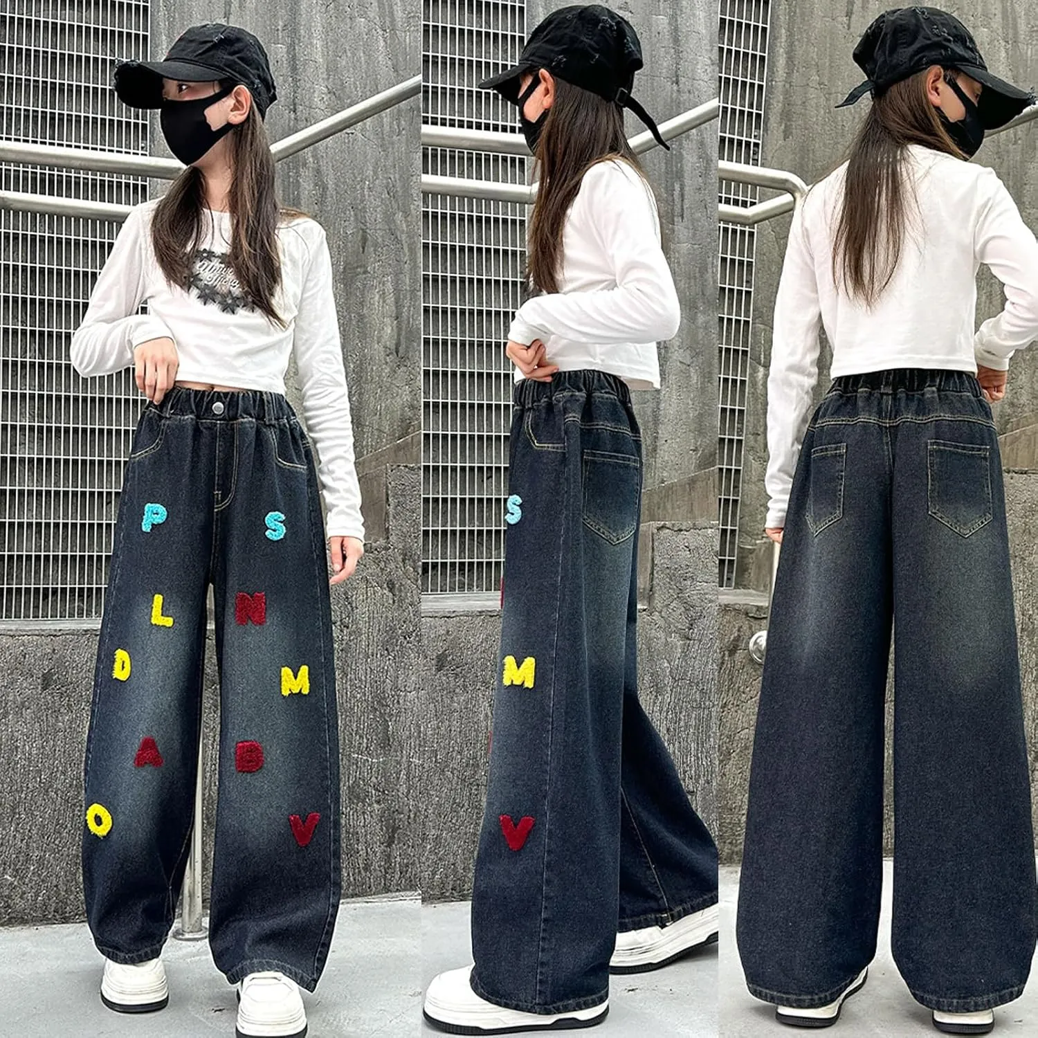 5-14 yrs Kids Girls Jeans Distressed Elastic Waist Baggy Denim Wide Leg Pants Trousers