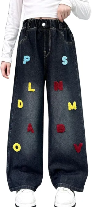 5-14 yrs Kids Girls Jeans Distressed Elastic Waist Baggy Denim Wide Leg Pants Trousers