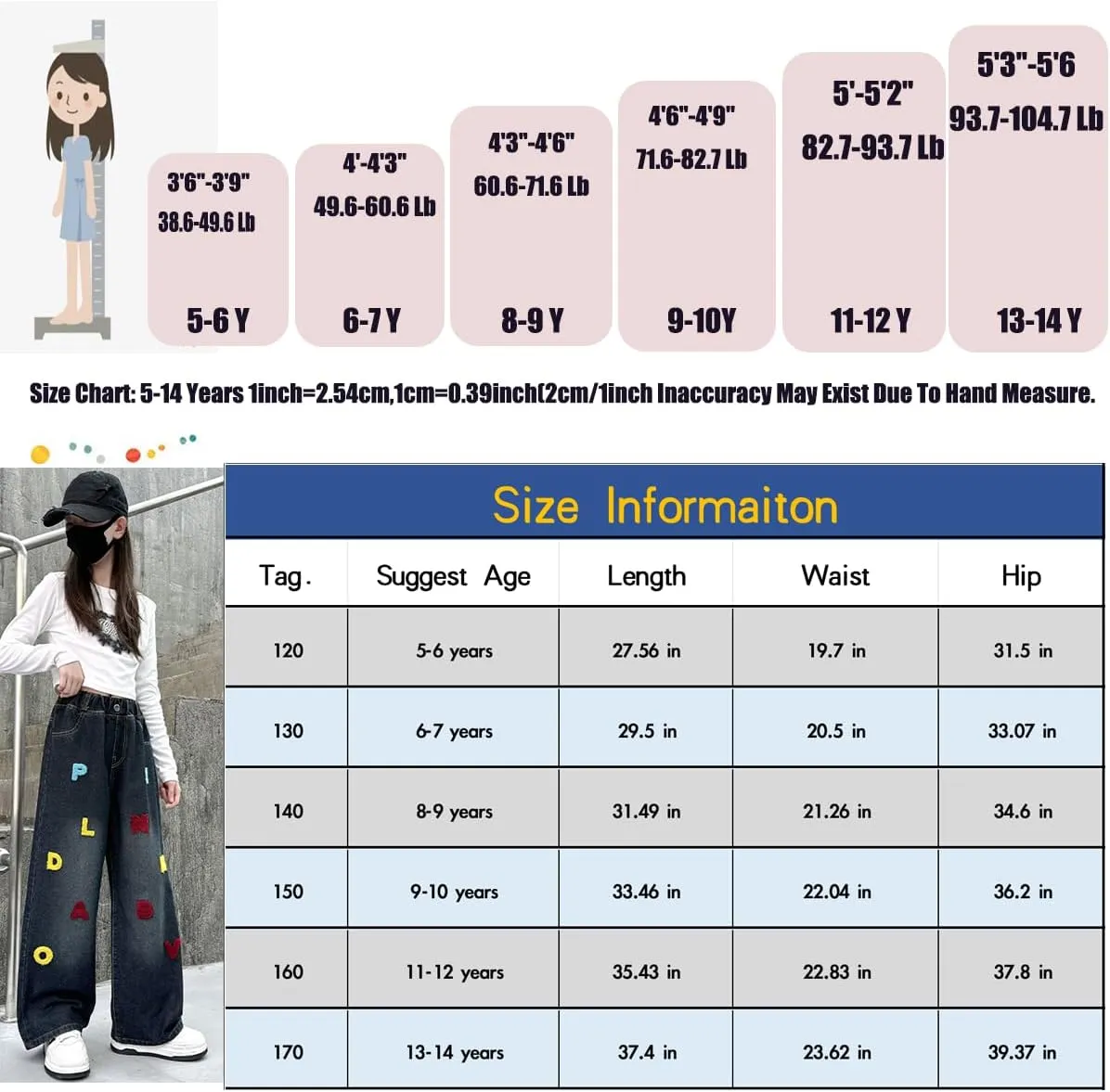 5-14 yrs Kids Girls Jeans Distressed Elastic Waist Baggy Denim Wide Leg Pants Trousers