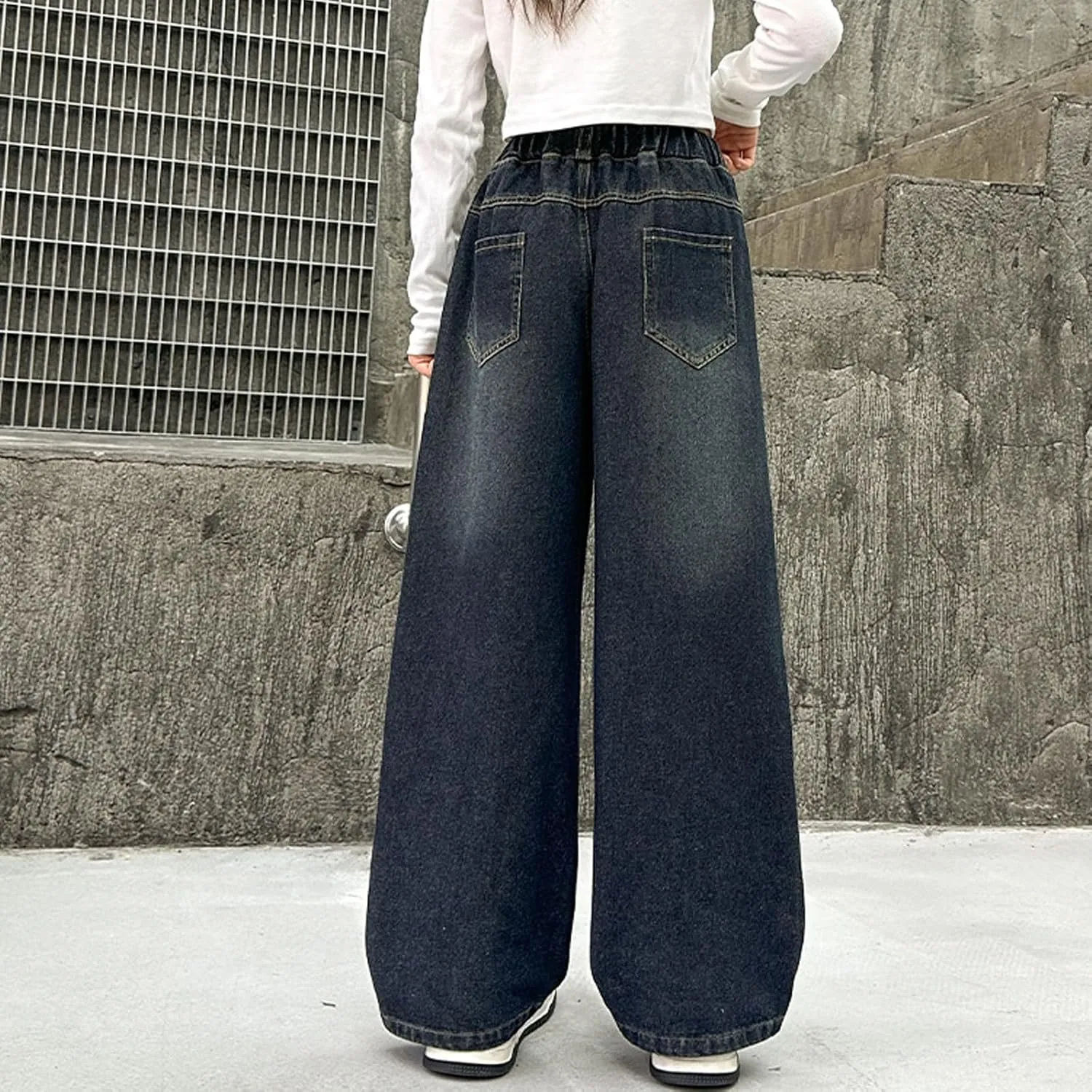 5-14 yrs Kids Girls Jeans Distressed Elastic Waist Baggy Denim Wide Leg Pants Trousers