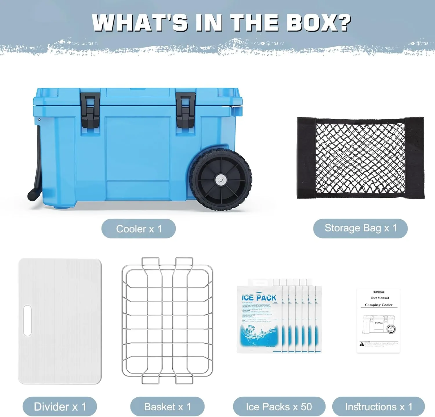 55 Quart Cooler with Wheels, Ice Chests Portable Camping Cooler Holds Ice up to 6 Days, Leak-Proof Outdoor Insulated Cooler with Handle, Cup Holders, Hard Cooler for Camping, Beach, Boat