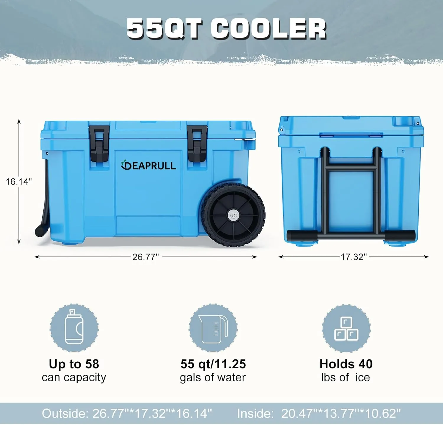 55 Quart Cooler with Wheels, Ice Chests Portable Camping Cooler Holds Ice up to 6 Days, Leak-Proof Outdoor Insulated Cooler with Handle, Cup Holders, Hard Cooler for Camping, Beach, Boat