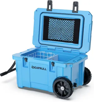 55 Quart Cooler with Wheels, Ice Chests Portable Camping Cooler Holds Ice up to 6 Days, Leak-Proof Outdoor Insulated Cooler with Handle, Cup Holders, Hard Cooler for Camping, Beach, Boat