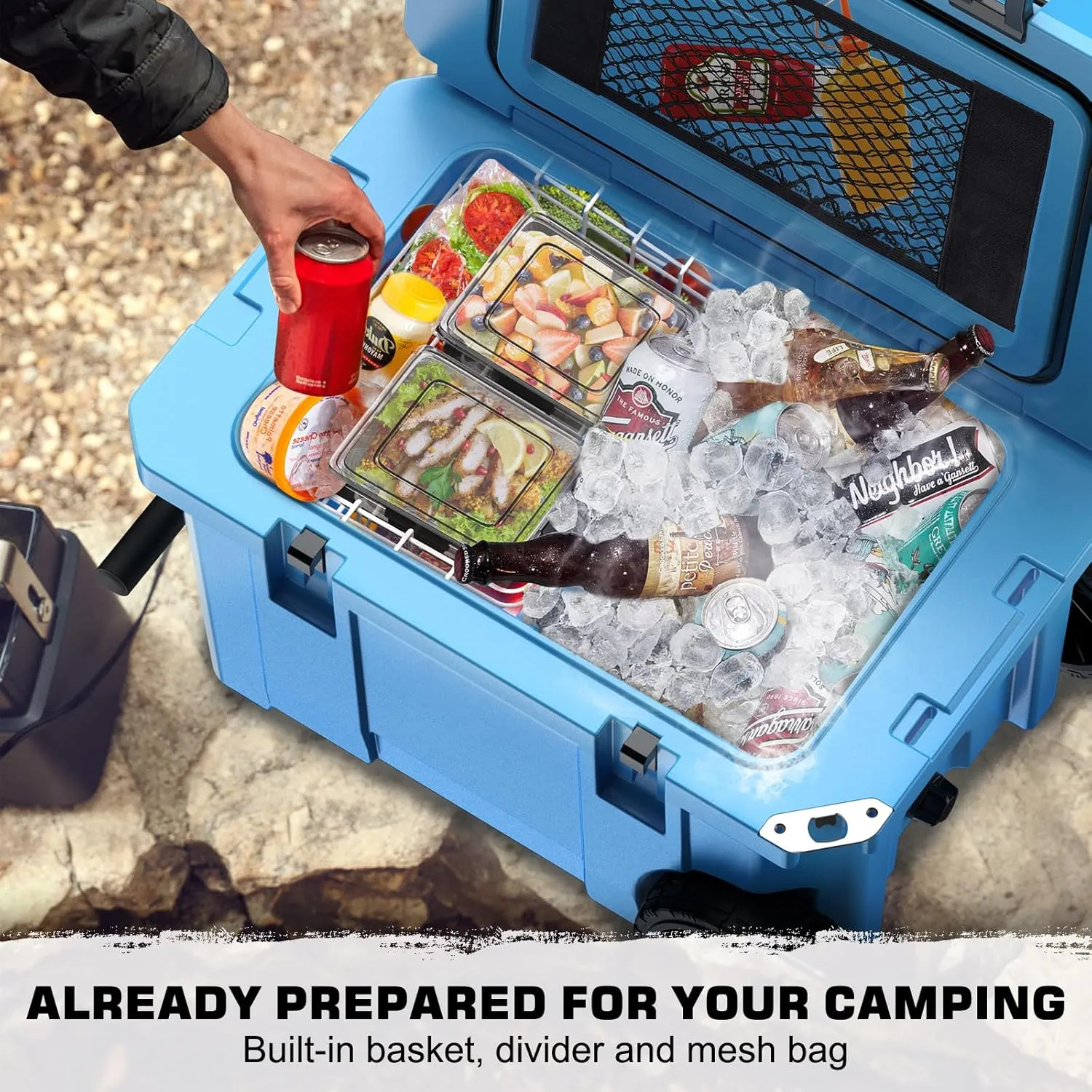 55 Quart Cooler with Wheels, Ice Chests Portable Camping Cooler Holds Ice up to 6 Days, Leak-Proof Outdoor Insulated Cooler with Handle, Cup Holders, Hard Cooler for Camping, Beach, Boat