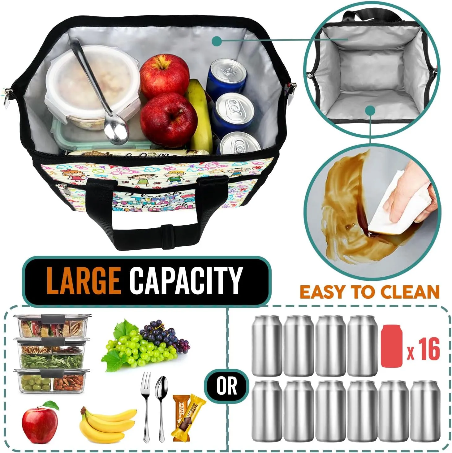 84hoods Insulated Lunch Bag for Women. Gift for Teachers. Large Lunch Box for Work Office Travel Picnic with Adjustable Strap. Tiny Humans.