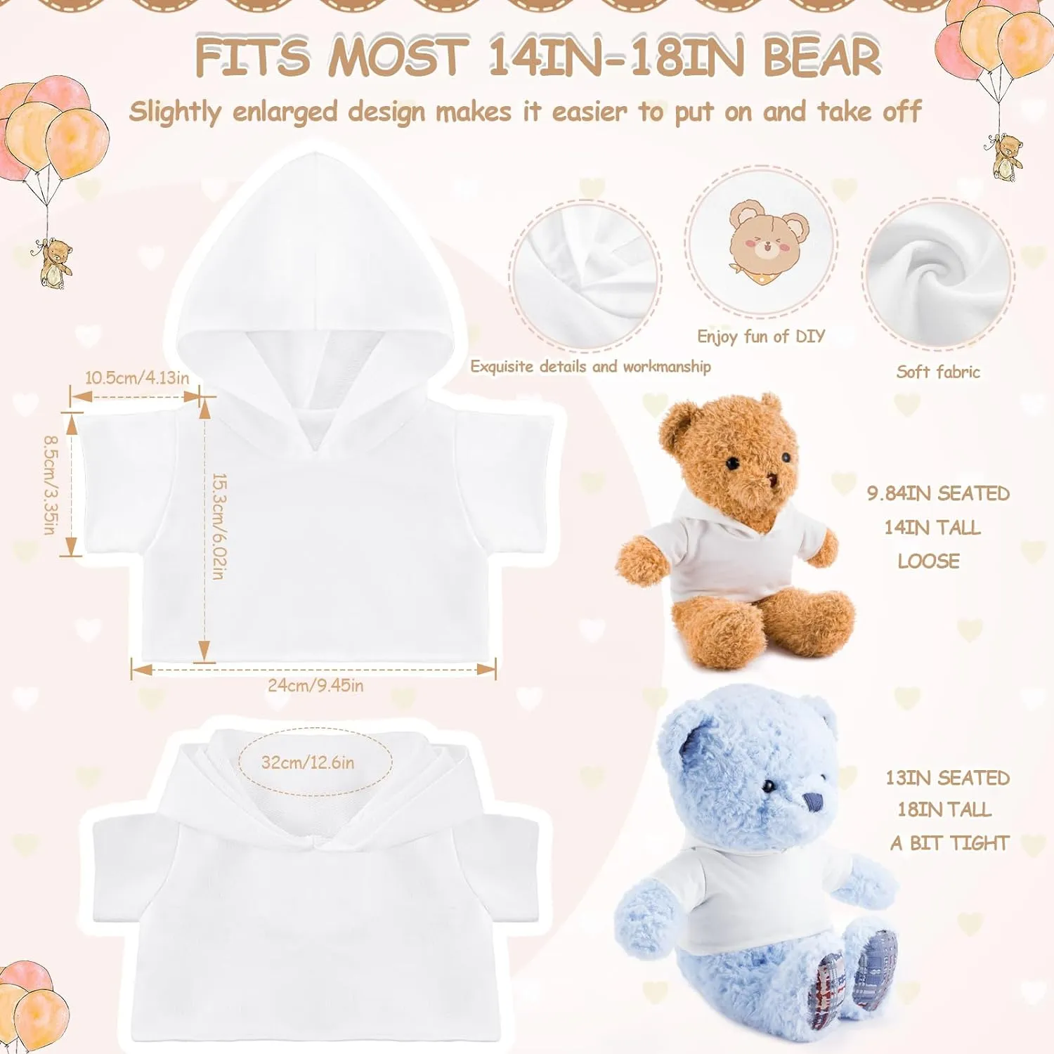 96 Pcs Sublimation Shirt Bulk Suitable for 14-18 Inch Stuffed Animal Bear Cute Tiny Blank Bear T Shirts Plush Doll Clothes Accessory Make Your Own Stuffed Bear Outfit