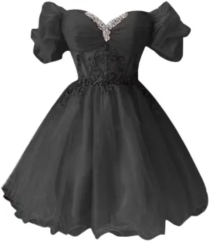 A-line Appliques Tulle Homecoming Dresses for Women, Short Prom Dresses Cocktail Dress Off The Shoulder