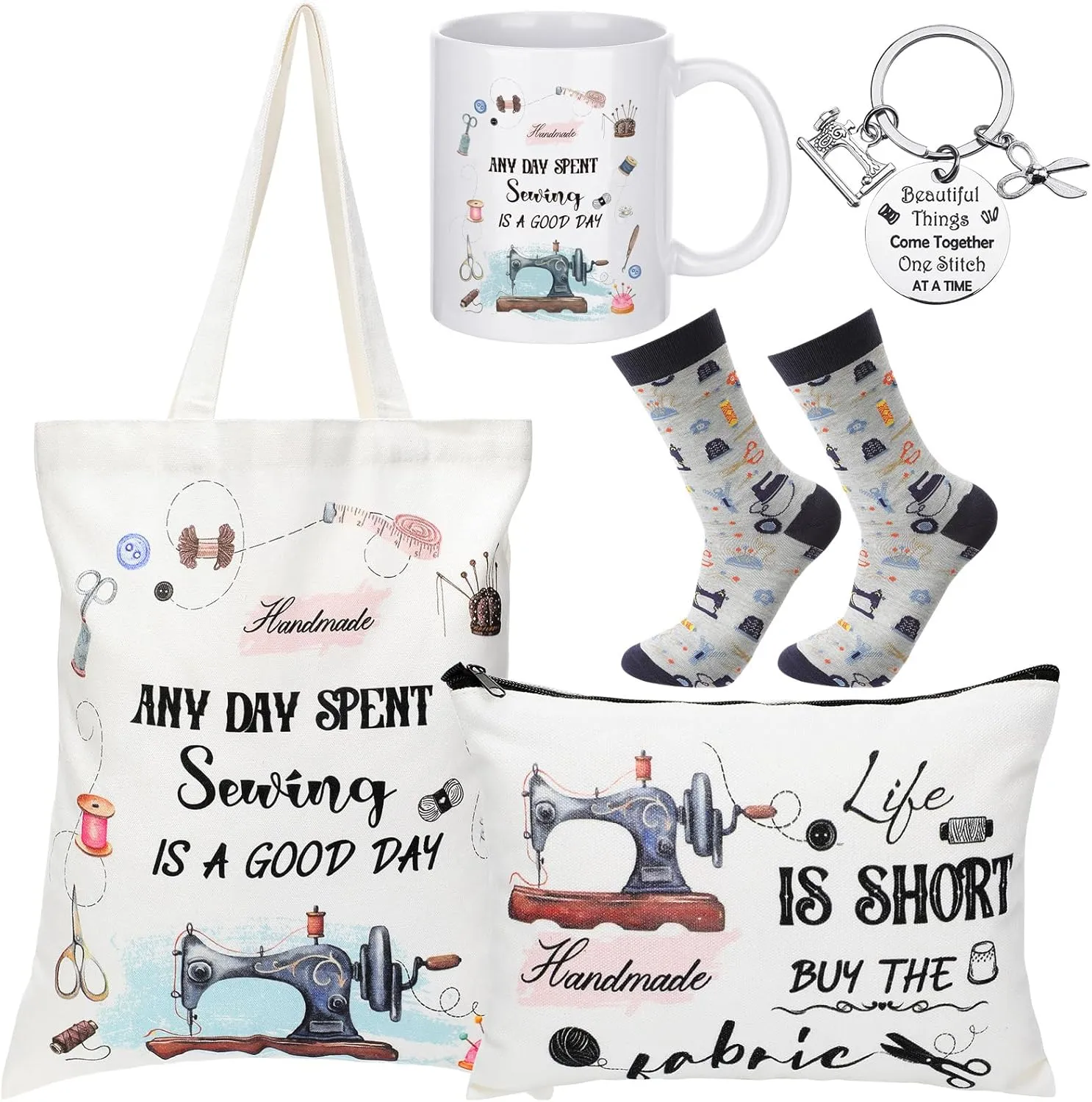 Abbylike 5 Pcs Sewing Gifts for Seamstress Women Mother's Day Gifts Canvas Bag Cosmetic Bag Quilting Coffee Mug Socks 11 oz Quilter Keychain Funny Presents for Mom Quilters Sewing Lovers