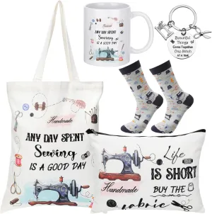 Abbylike 5 Pcs Sewing Gifts for Seamstress Women Mother's Day Gifts Canvas Bag Cosmetic Bag Quilting Coffee Mug Socks 11 oz Quilter Keychain Funny Presents for Mom Quilters Sewing Lovers