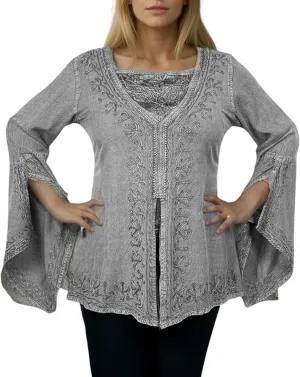Agan Traders Women’s 2025 Summer Long Bell Sleeve Embroidered Blouse - Elegant Tunic Bohemian Dress Tops for Women